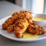 Close-up of golden, crunchy Crispy Chicken Tenders served on a white plate with a side of honey mustard dipping sauce.