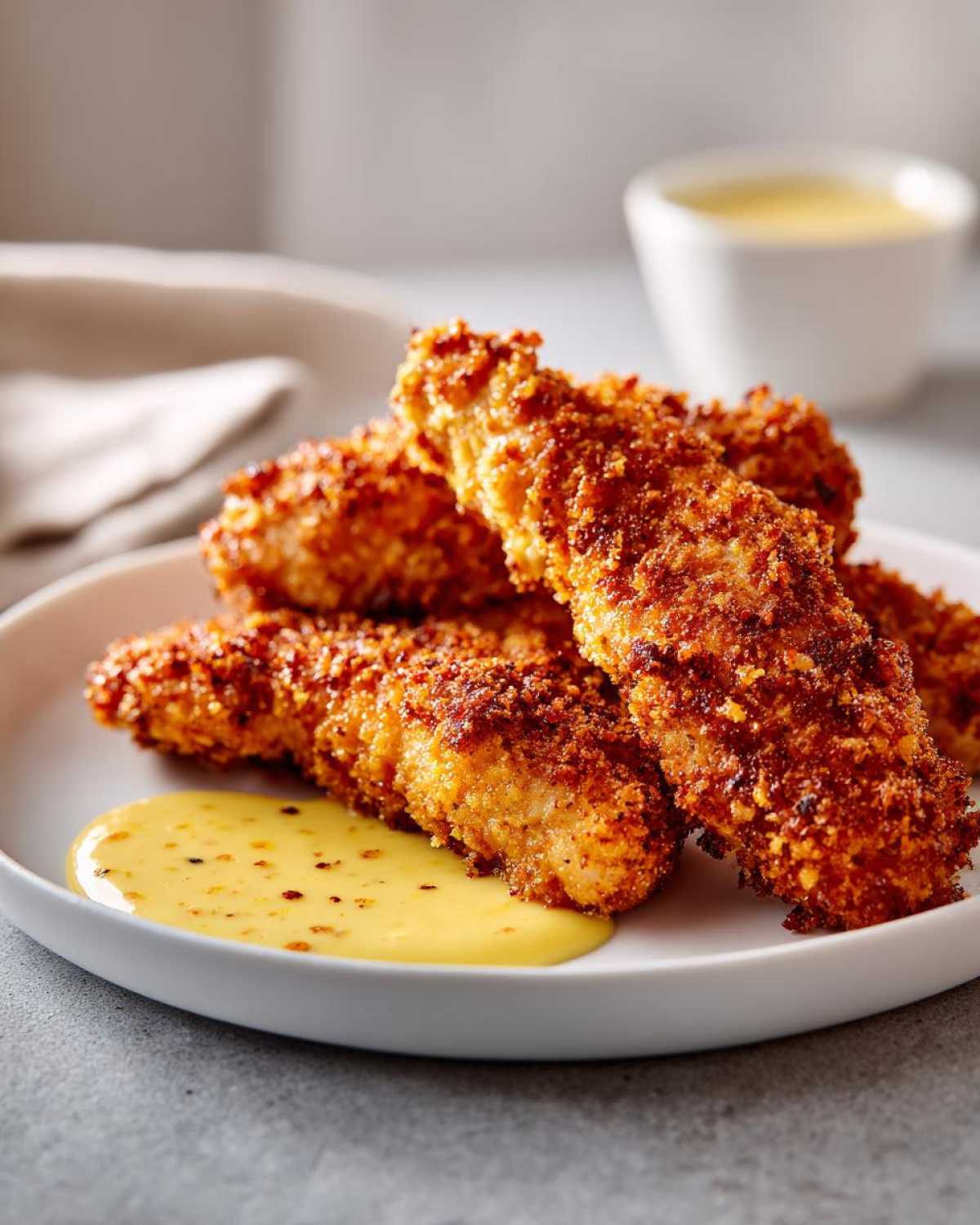 Close-up of several golden brown Crispy Chicken Tenders served on a white plate with a pool of honey mustard dipping sauce.