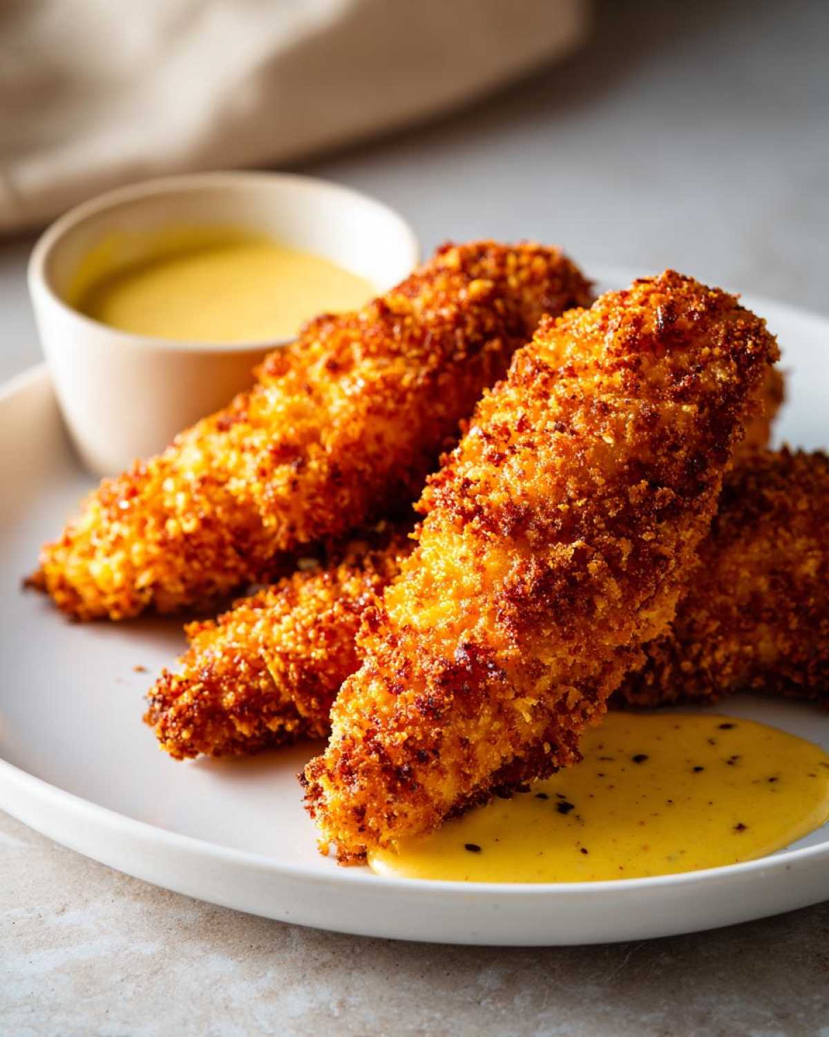 Close-up of golden brown Crispy Chicken Tenders with Honey Mustard dipping sauce on a white plate.