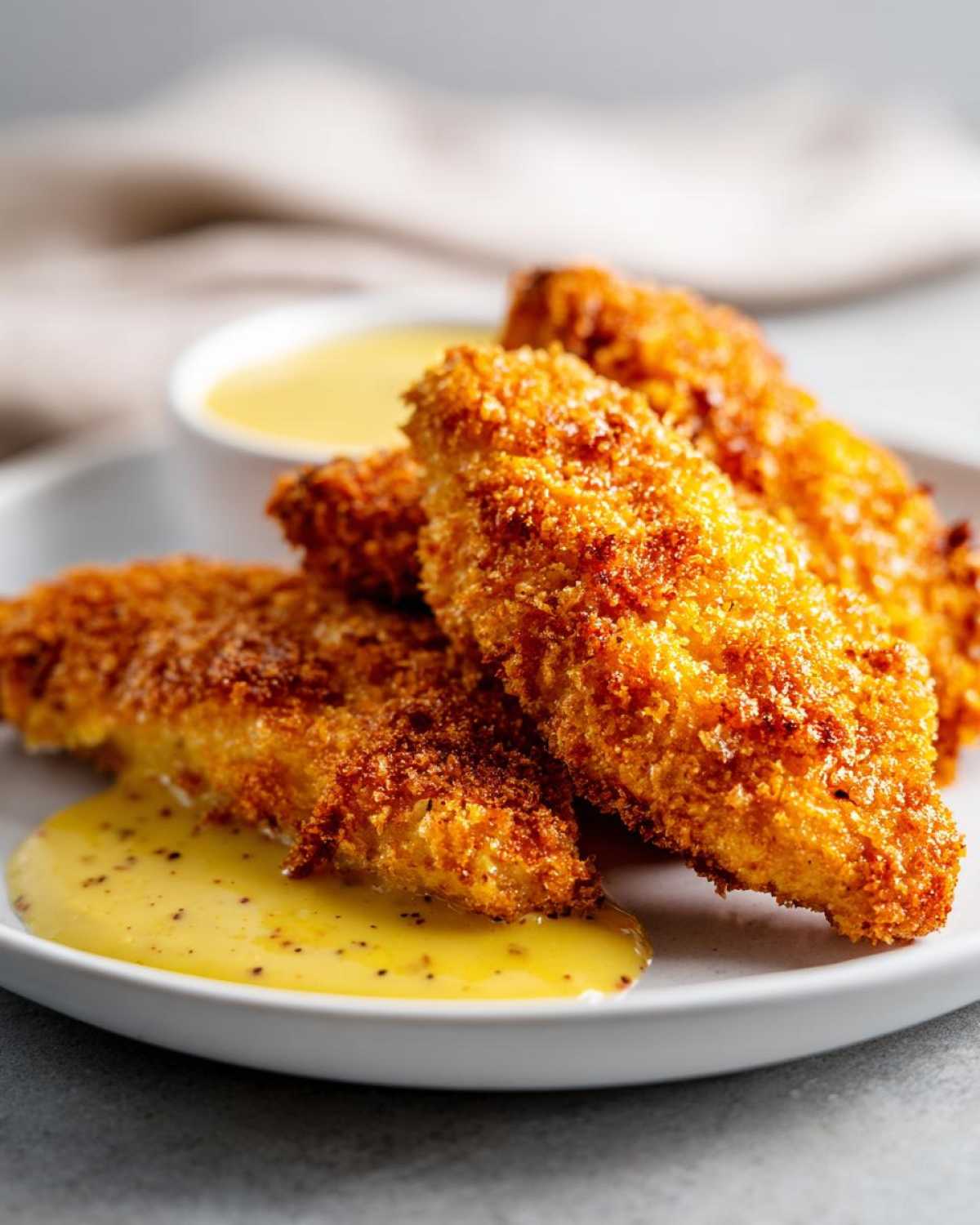 Close-up of golden brown Crispy Chicken Tenders with Honey Mustard sauce pooled on a white plate.
