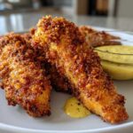 Close-up of two golden, crunchy Crispy Chicken Tenders served with a side of bright yellow honey mustard sauce.