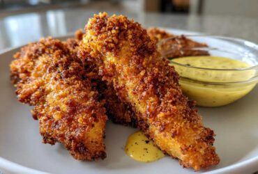 Close-up of two golden, crunchy Crispy Chicken Tenders served with a side of bright yellow honey mustard sauce.