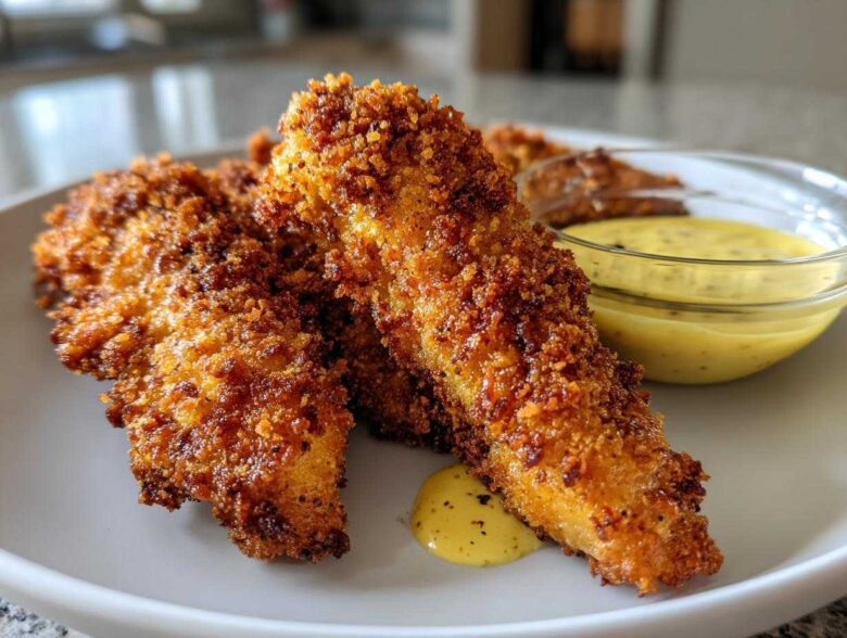 Close-up of two golden, crunchy Crispy Chicken Tenders served with a side of bright yellow honey mustard sauce.