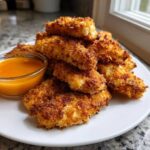 A pile of golden brown Crispy Chicken Tenders served on a white plate next to a small bowl of spicy honey dip.