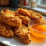 A plate of golden brown Crispy Chicken Tenders served next to a small bowl of bright orange spicy honey dip.