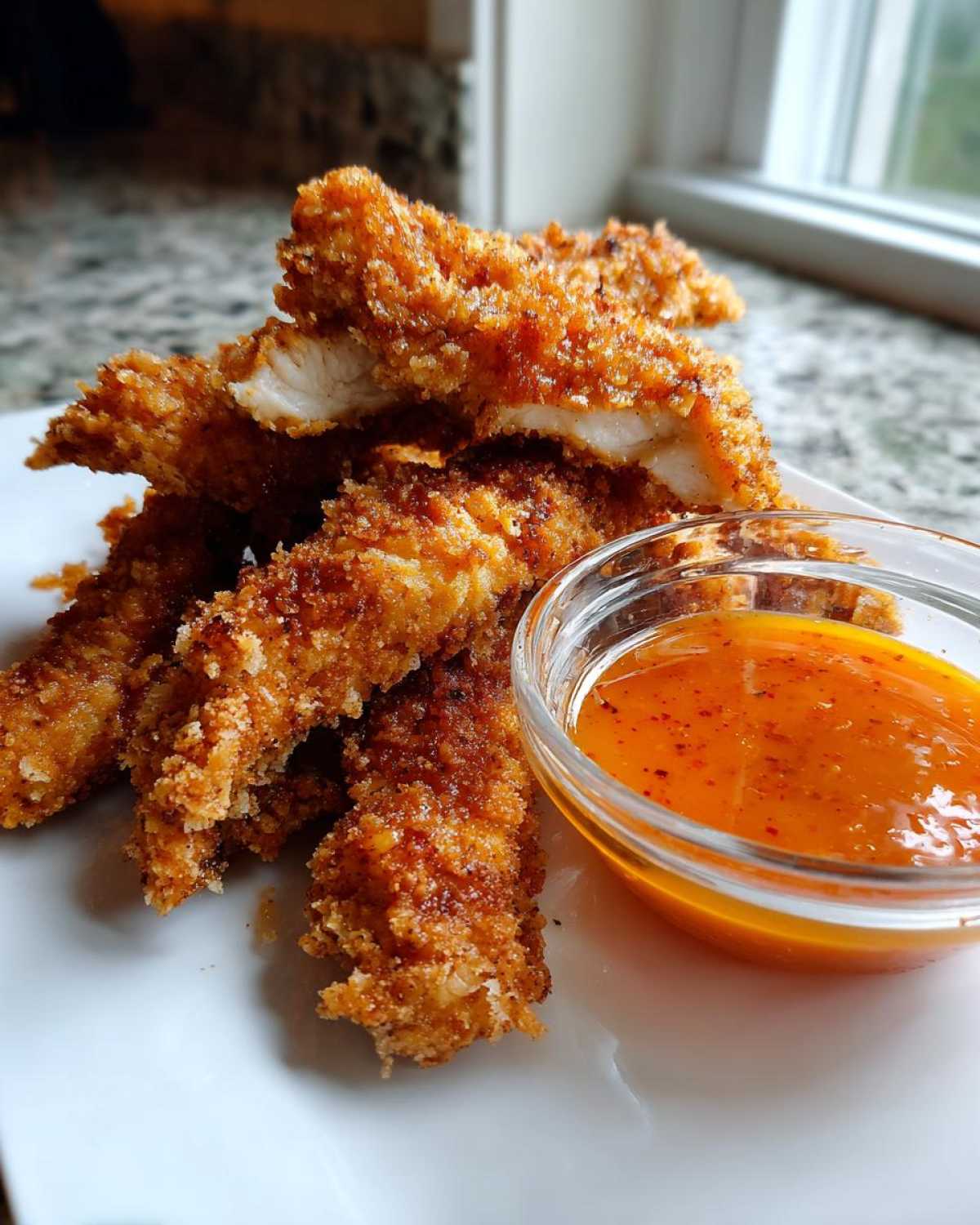 A pile of golden brown Crispy Chicken Tenders served next to a small bowl of vibrant orange spicy honey dip.