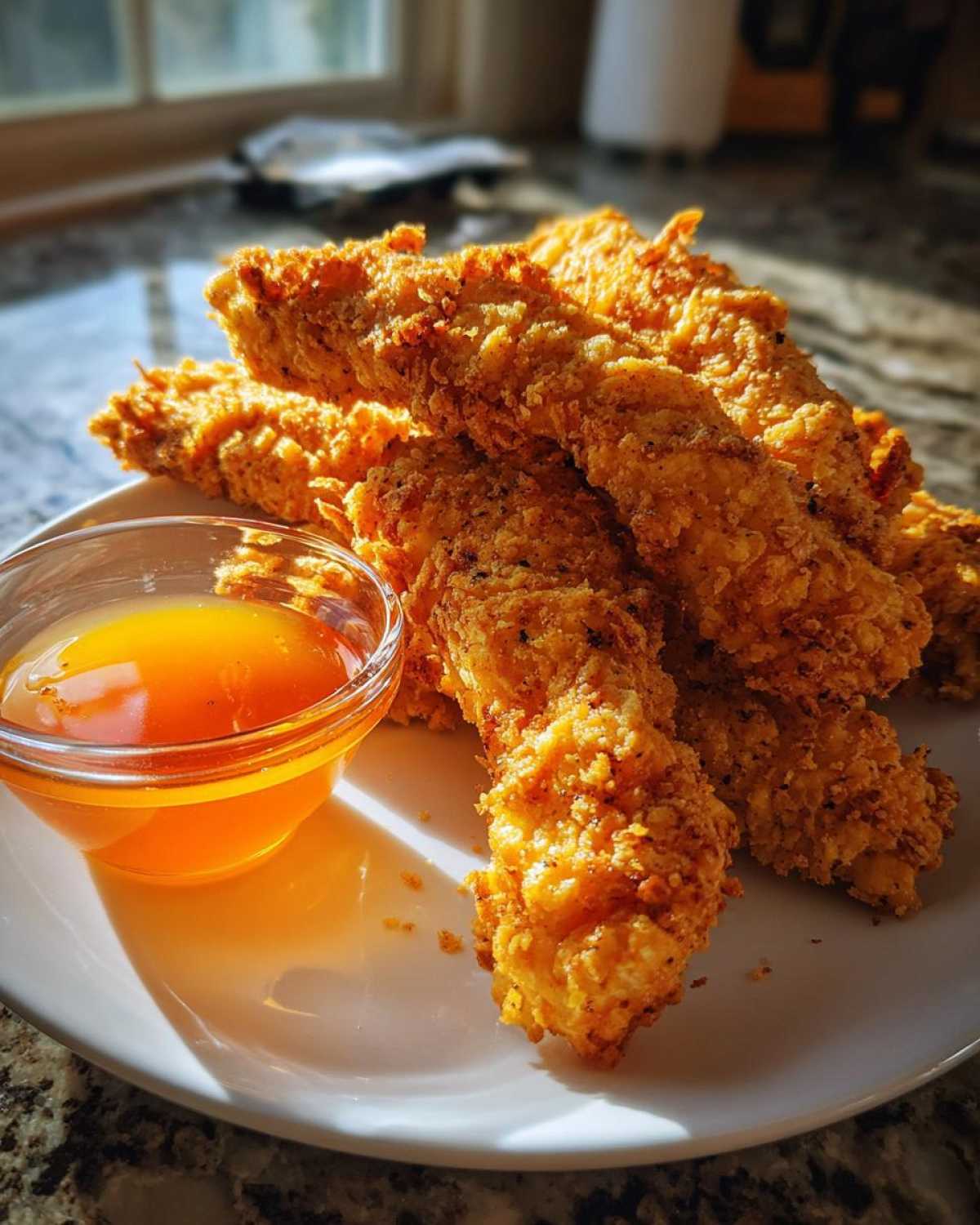 A pile of golden brown, crispy chicken tenders served next to a small bowl of bright orange spicy honey dip.