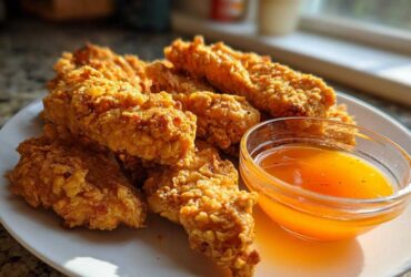 A plate of golden brown Crispy Chicken Tenders served next to a small bowl of bright orange spicy honey dip.
