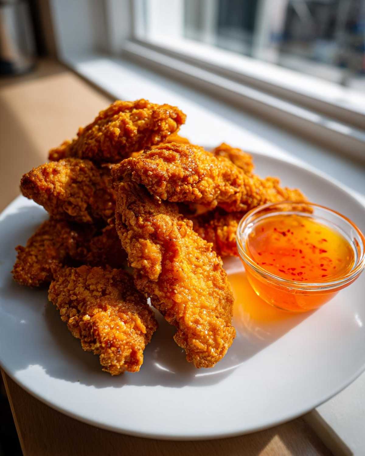 A pile of golden brown Crispy Chicken Tenders served on a white plate next to a small bowl of spicy honey dip.