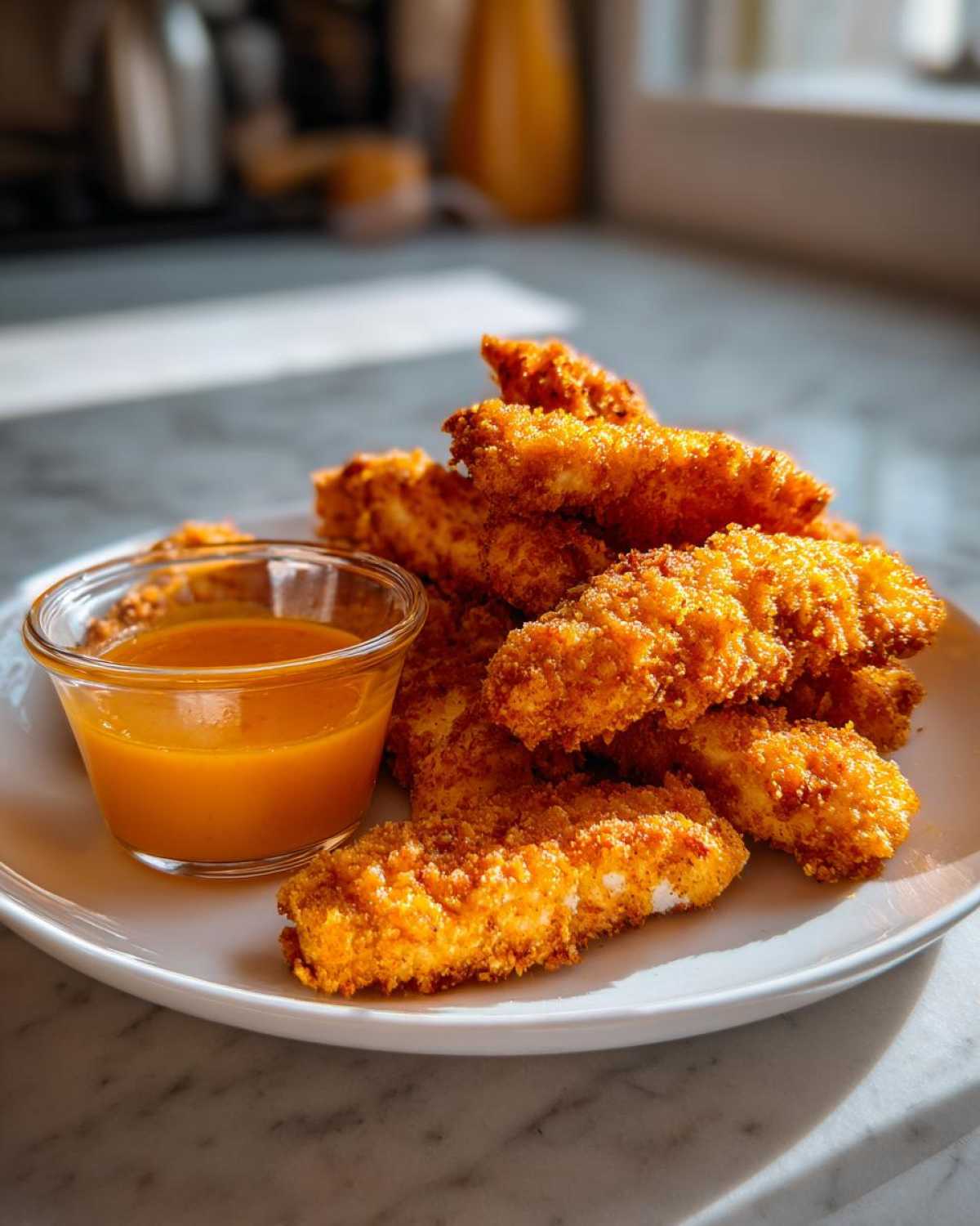 A pile of golden brown Crispy Chicken Tenders served on a white plate next to a small glass of spicy honey dip.