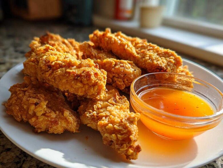 A plate of golden brown Crispy Chicken Tenders served next to a small bowl of bright orange spicy honey dip.