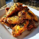 A pile of golden brown, crispy chicken wings coated in garlic parmesan sauce and parsley.