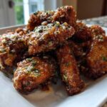 A close-up of golden brown, crispy chicken wings coated in a glossy Garlic Parmesan Sauce and sprinkled with herbs.