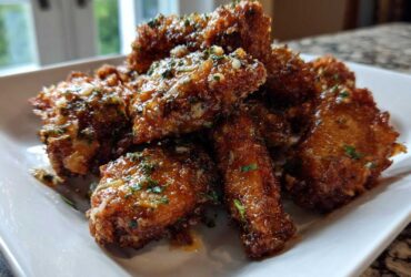 A close-up of golden brown, crispy chicken wings coated in a glossy Garlic Parmesan Sauce and sprinkled with herbs.