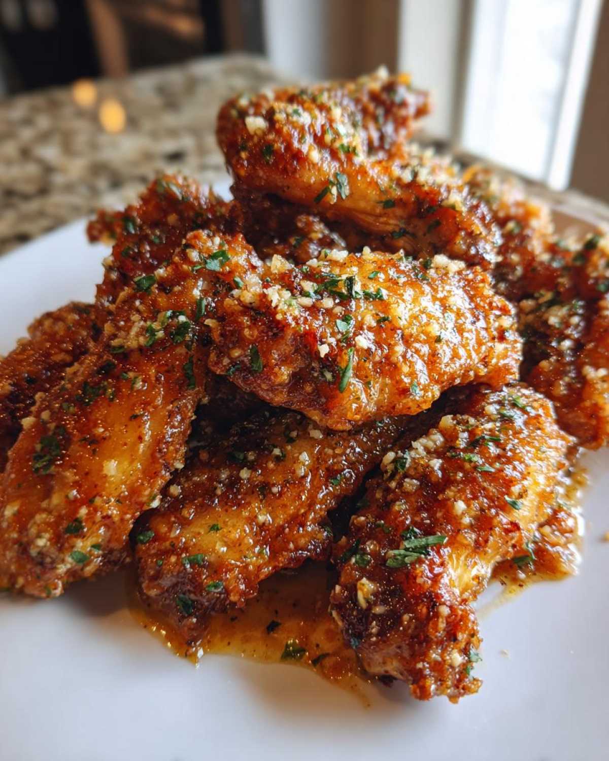 A pile of glossy, crispy chicken wings coated in Garlic Parmesan Sauce and sprinkled with herbs.