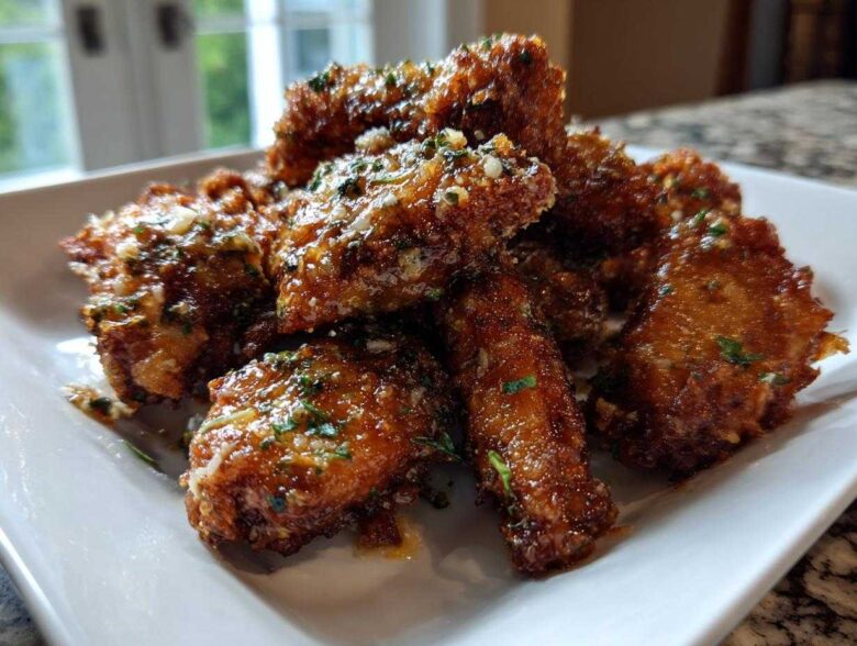 A close-up of golden brown, crispy chicken wings coated in a glossy Garlic Parmesan Sauce and sprinkled with herbs.