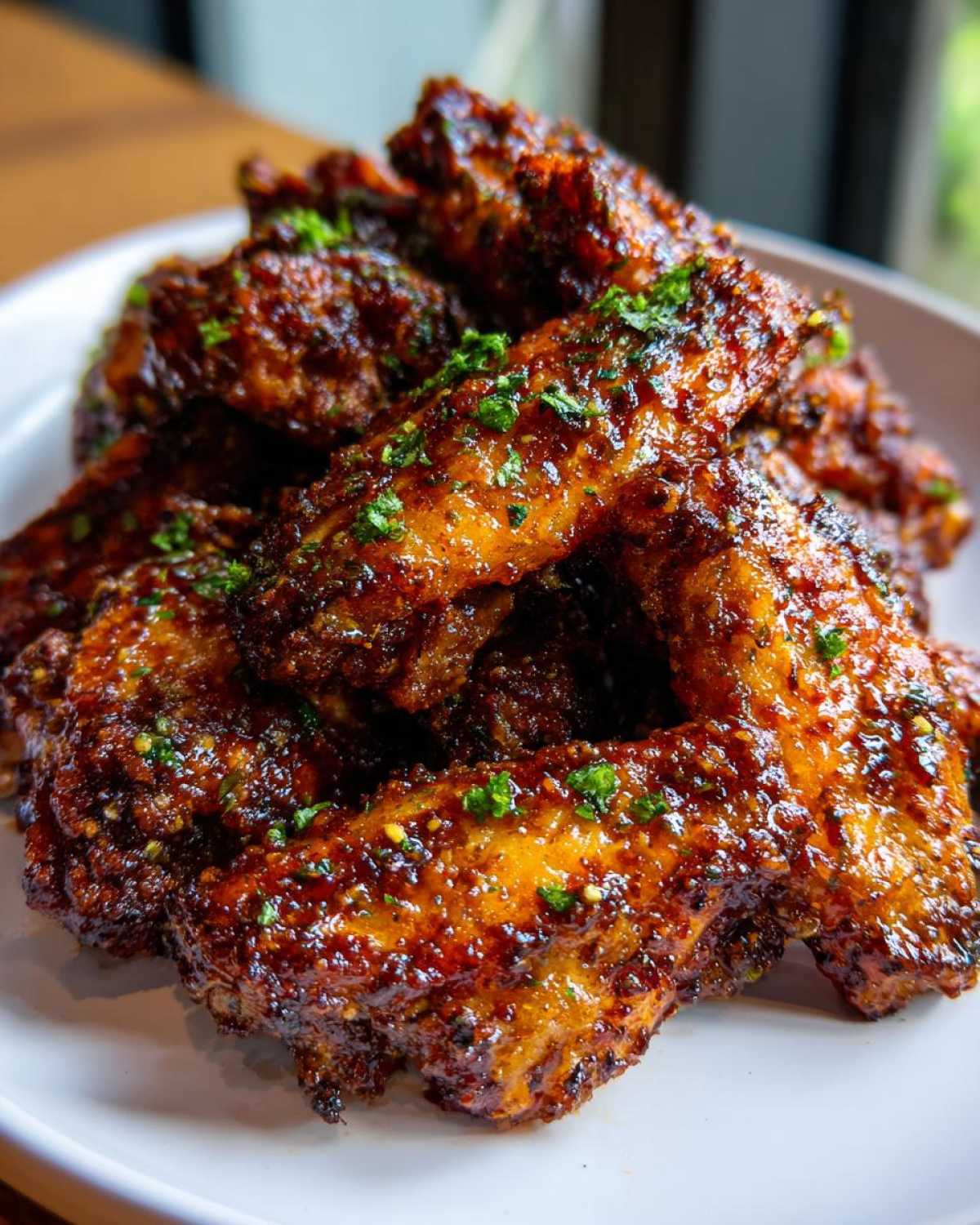 A close-up of a pile of Crispy Chicken Wings with Garlic Parmesan Sauce, glistening and topped with fresh parsley.