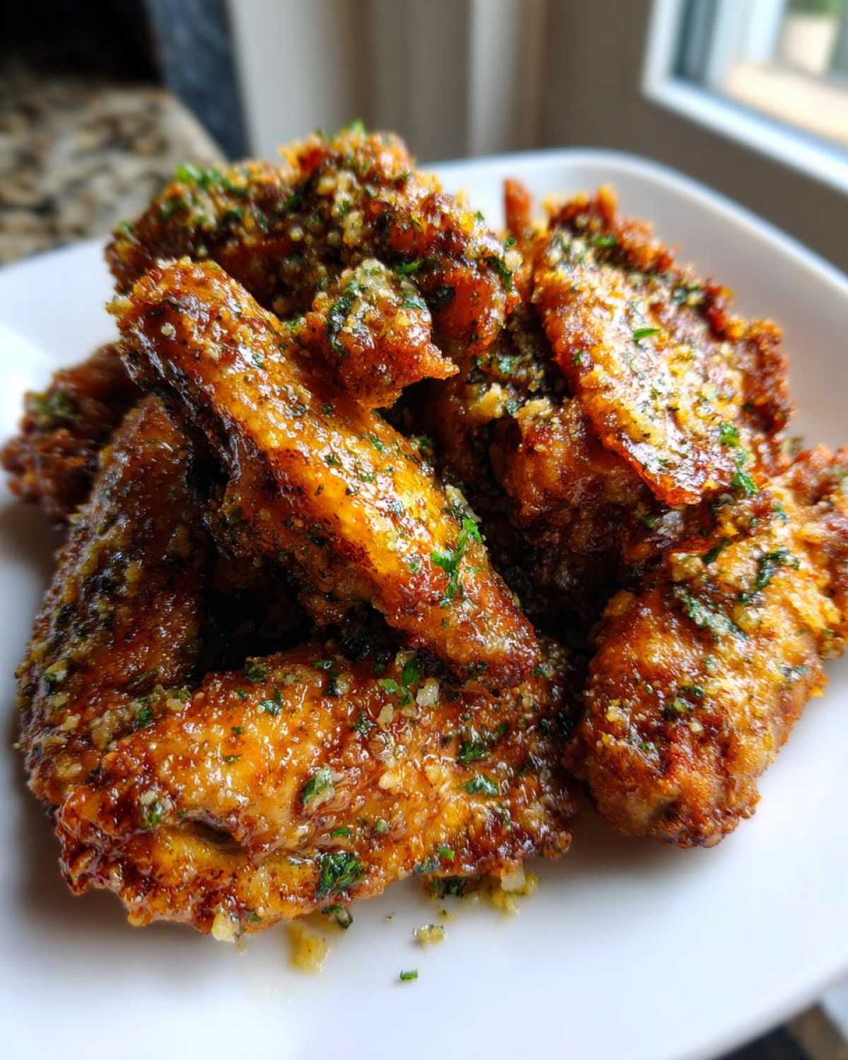 A pile of golden brown, crispy chicken wings coated in glistening Garlic Parmesan Sauce and sprinkled with parsley.