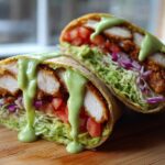 Cross-section of a Crispy Chicken Wrap with Creamy Avocado Sauce, showing crispy chicken, lettuce, tomato, and purple cabbage.
