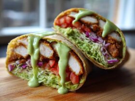 Cross-section of a Crispy Chicken Wrap with Creamy Avocado Sauce, showing crispy chicken, lettuce, tomato, and purple cabbage.