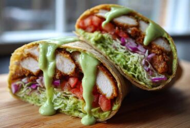 Cross-section of a Crispy Chicken Wrap with Creamy Avocado Sauce, showing crispy chicken, lettuce, tomato, and purple cabbage.