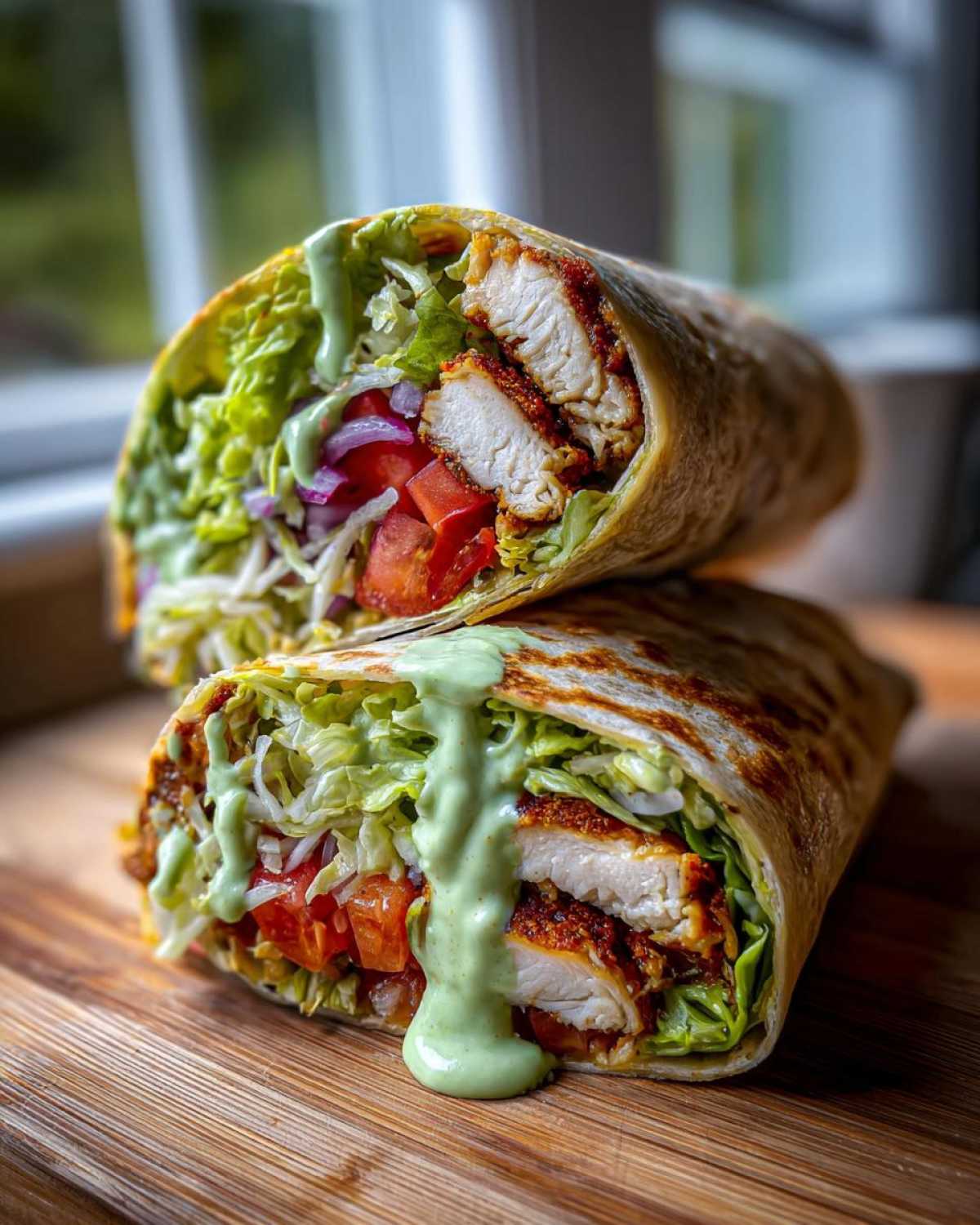 Two halves of a Crispy Chicken Wrap with Creamy Avocado Sauce stacked, showing crispy chicken, lettuce, tomato, and a green drizzle.