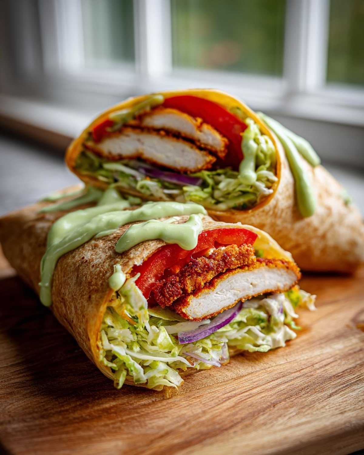 Two halves of a Crispy Chicken Wrap with Creamy Avocado Sauce, showing crispy chicken, lettuce, tomato, and onion.