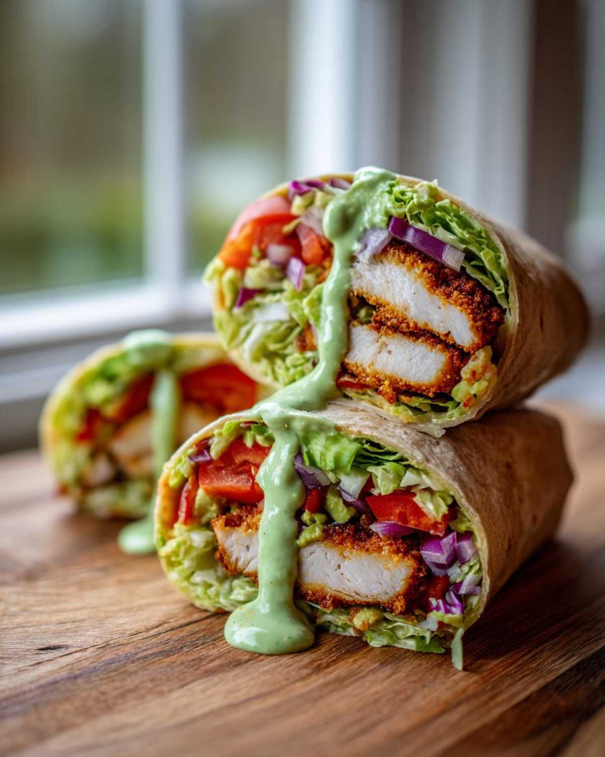 Two halves of a Crispy Chicken Wrap with Creamy Avocado Sauce stacked, showing crispy chicken, lettuce, tomato, and red onion.