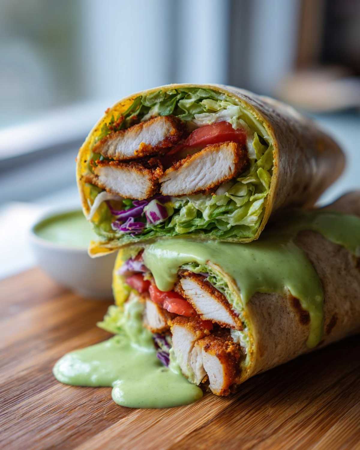 Two halves of a Crispy Chicken Wrap with Creamy Avocado Sauce stacked, showing crispy chicken, lettuce, tomato, and tomato inside.