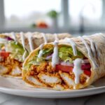 Two halves of a Crispy Chicken Wrap with Creamy Garlic Sauce drizzled over fresh lettuce, tomato, and red onion.