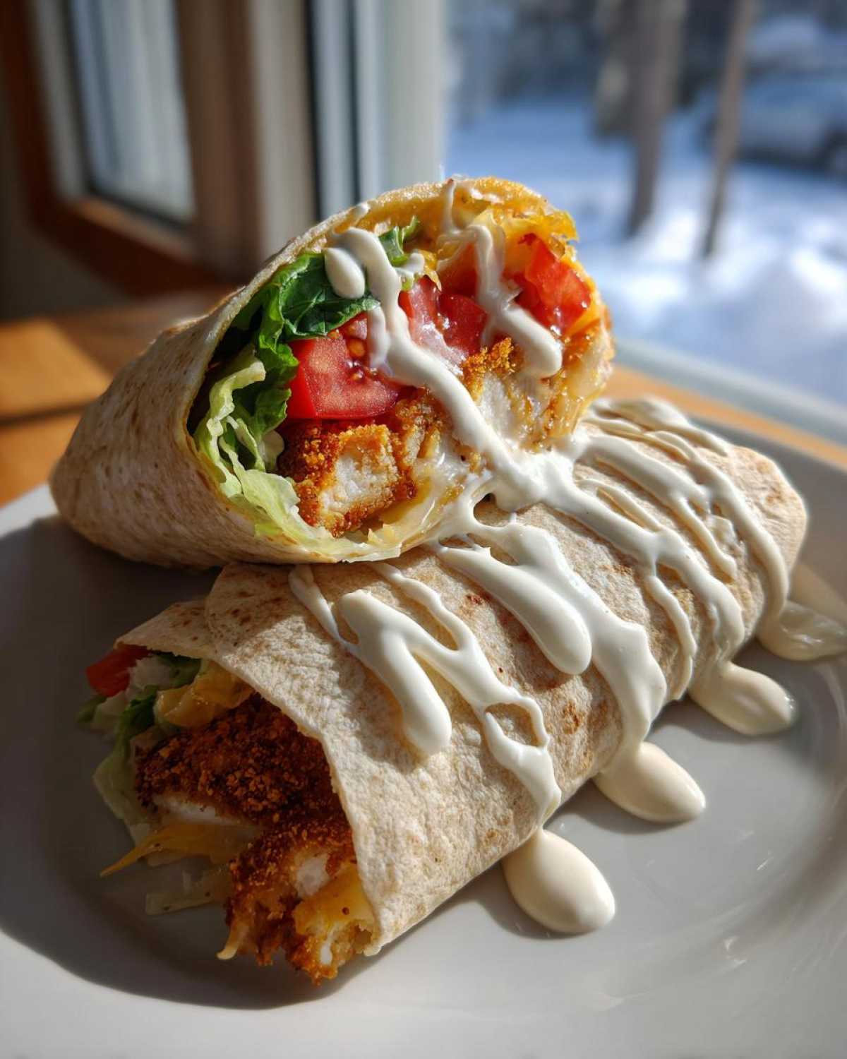 Two halves of a Crispy Chicken Wrap with Creamy Garlic Sauce, filled with lettuce, tomato, and crispy chicken, drizzled generously with sauce.
