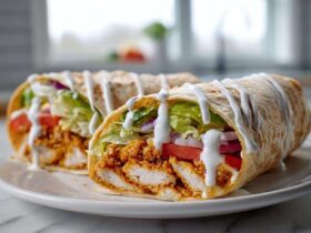 Two halves of a Crispy Chicken Wrap with Creamy Garlic Sauce drizzled over fresh lettuce, tomato, and red onion.