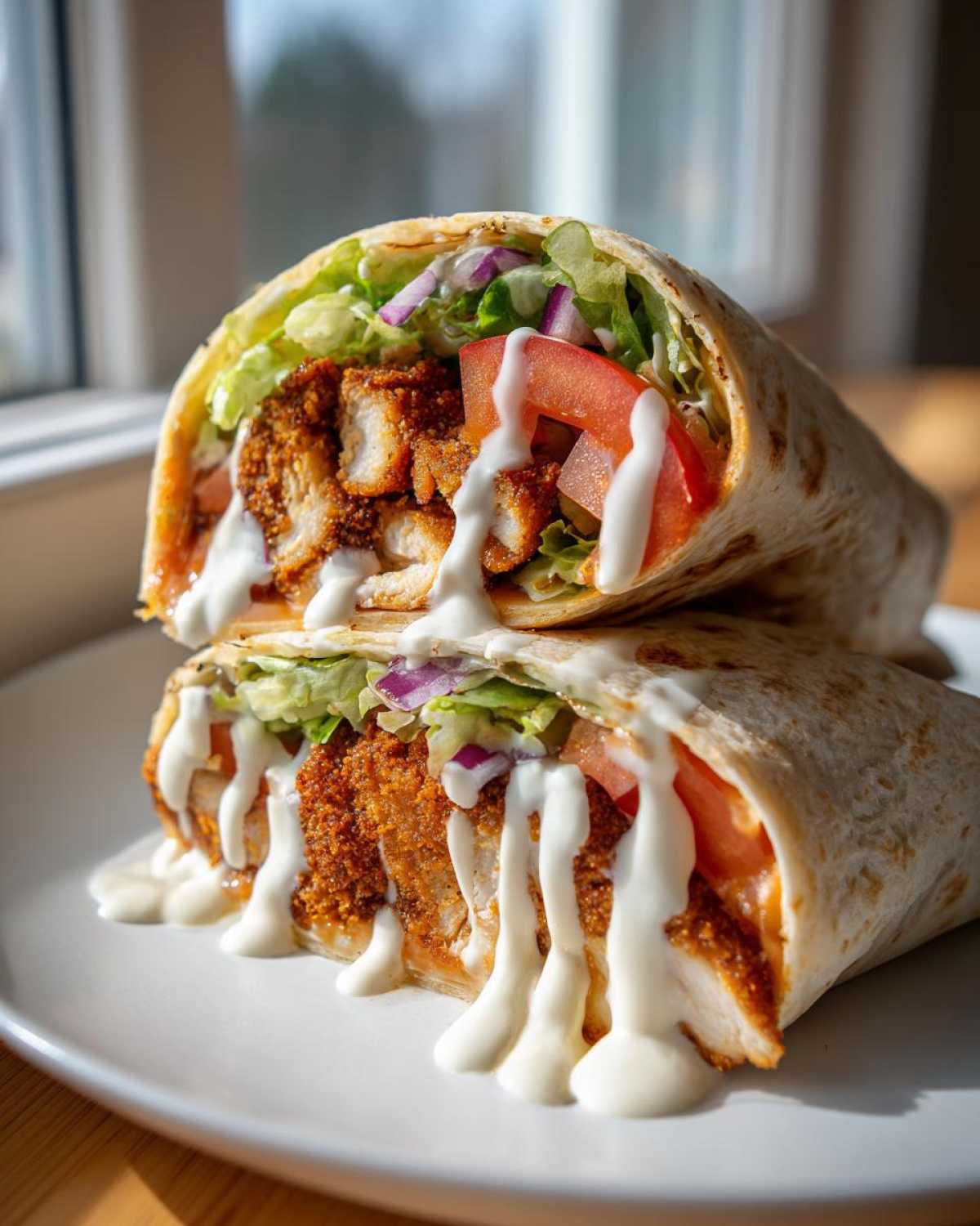 Two halves of a Crispy Chicken Wrap with Creamy Garlic Sauce, overflowing with crispy chicken, lettuce, tomato, and sauce.
