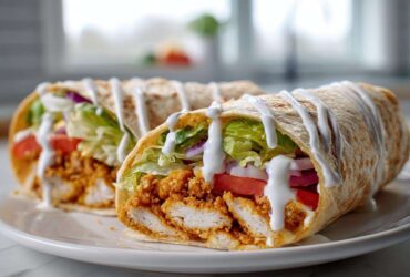 Two halves of a Crispy Chicken Wrap with Creamy Garlic Sauce drizzled over fresh lettuce, tomato, and red onion.