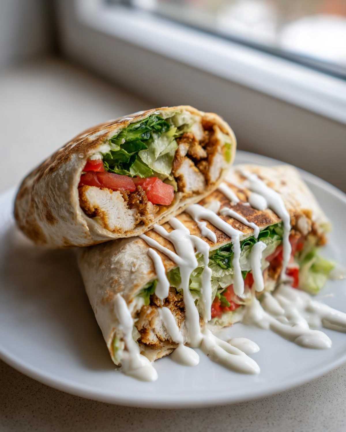A halved Crispy Chicken Wrap with Creamy Garlic Sauce drizzled over crispy chicken, lettuce, and tomato.