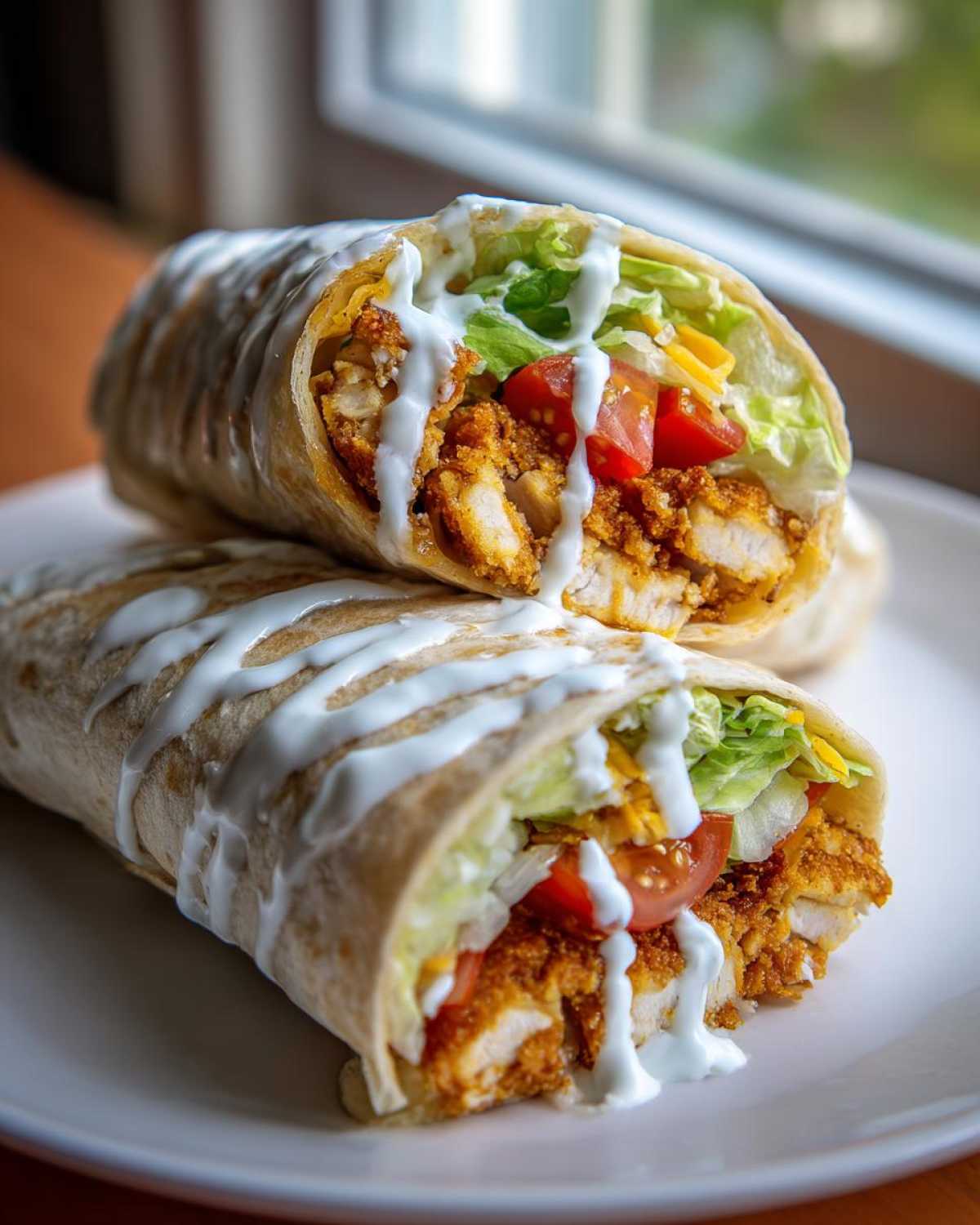 Two halves of a Crispy Chicken Wrap with Creamy Garlic Sauce drizzled over lettuce, tomatoes, and fried chicken.