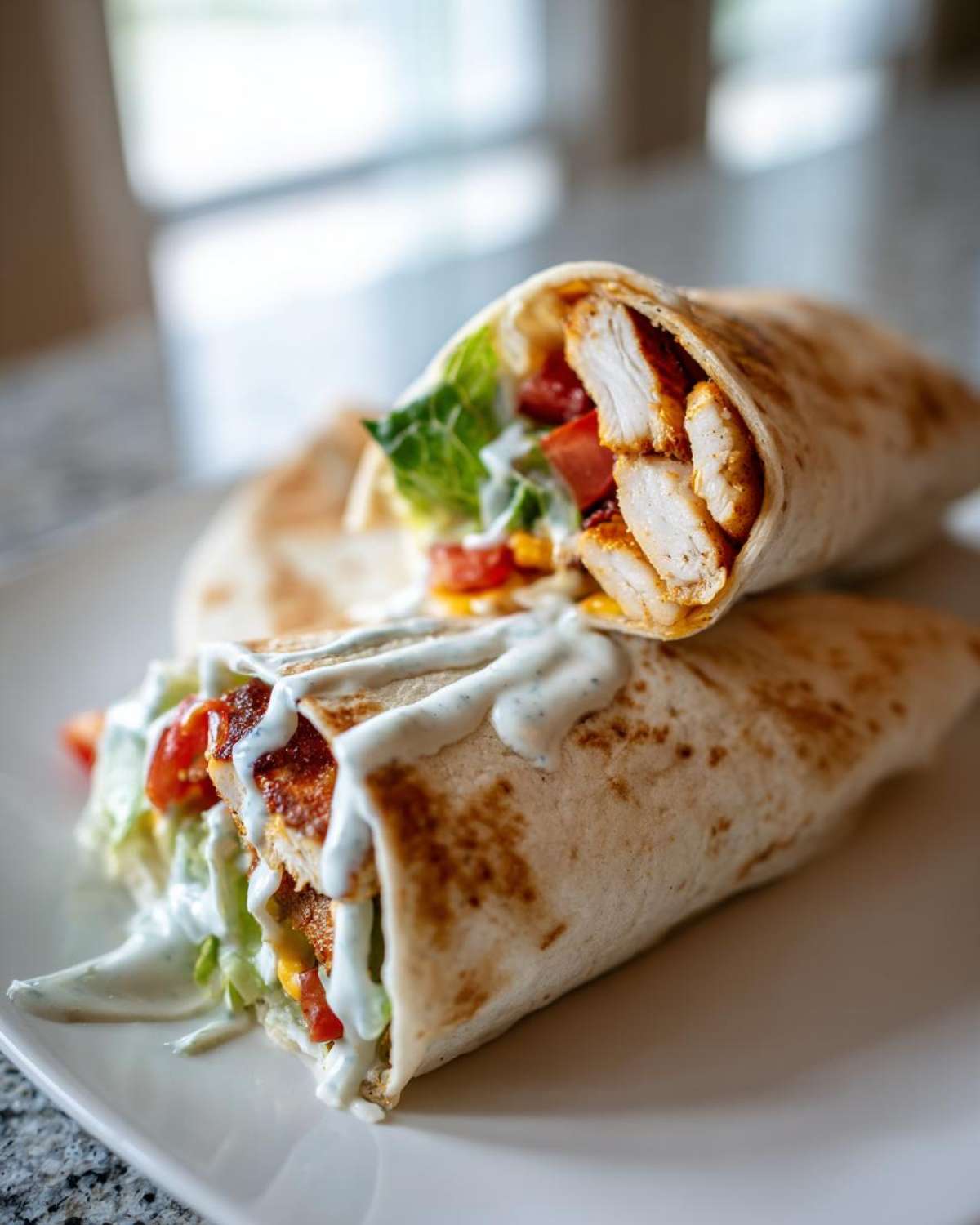 Two halves of a Crispy Chicken Wrap with Spicy Ranch Sauce, showing seasoned chicken, lettuce, and tomatoes inside a tortilla.