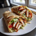 Two halves of a Crispy Chicken Wrap with Spicy Ranch Sauce, showing crispy chicken, lettuce, tomato, and bacon inside.