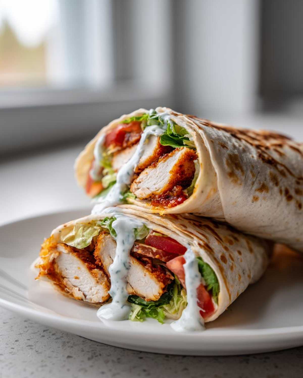 Two halves of a Crispy Chicken Wrap with Spicy Ranch Sauce, showing crispy chicken, lettuce, and tomato inside a tortilla.