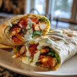 A close-up of a Crispy Chicken Wrap with Spicy Ranch Sauce cut in half, showing seasoned chicken, lettuce, and tomatoes inside.