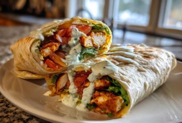 A close-up of a Crispy Chicken Wrap with Spicy Ranch Sauce cut in half, showing seasoned chicken, lettuce, and tomatoes inside.