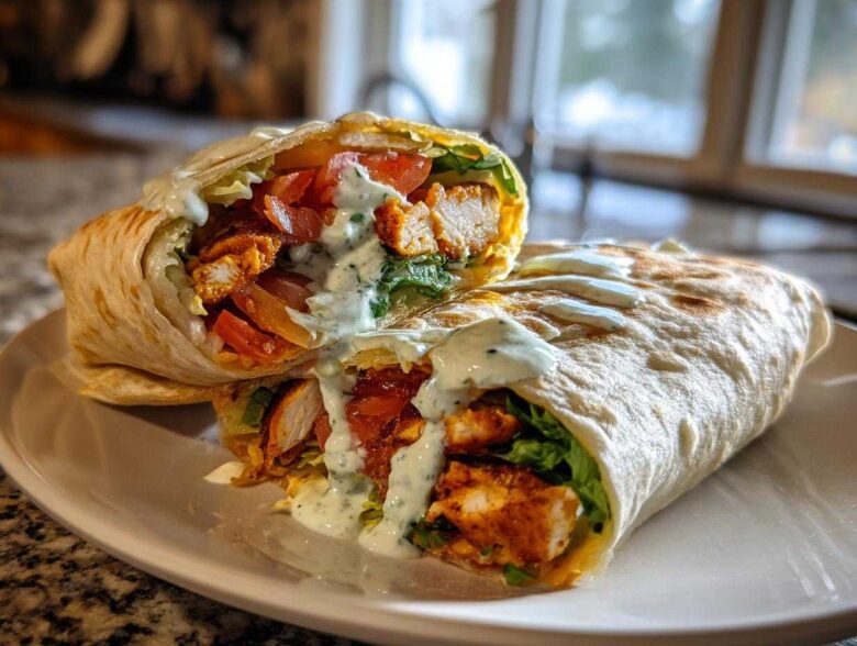 A close-up of a Crispy Chicken Wrap with Spicy Ranch Sauce cut in half, showing seasoned chicken, lettuce, and tomatoes inside.