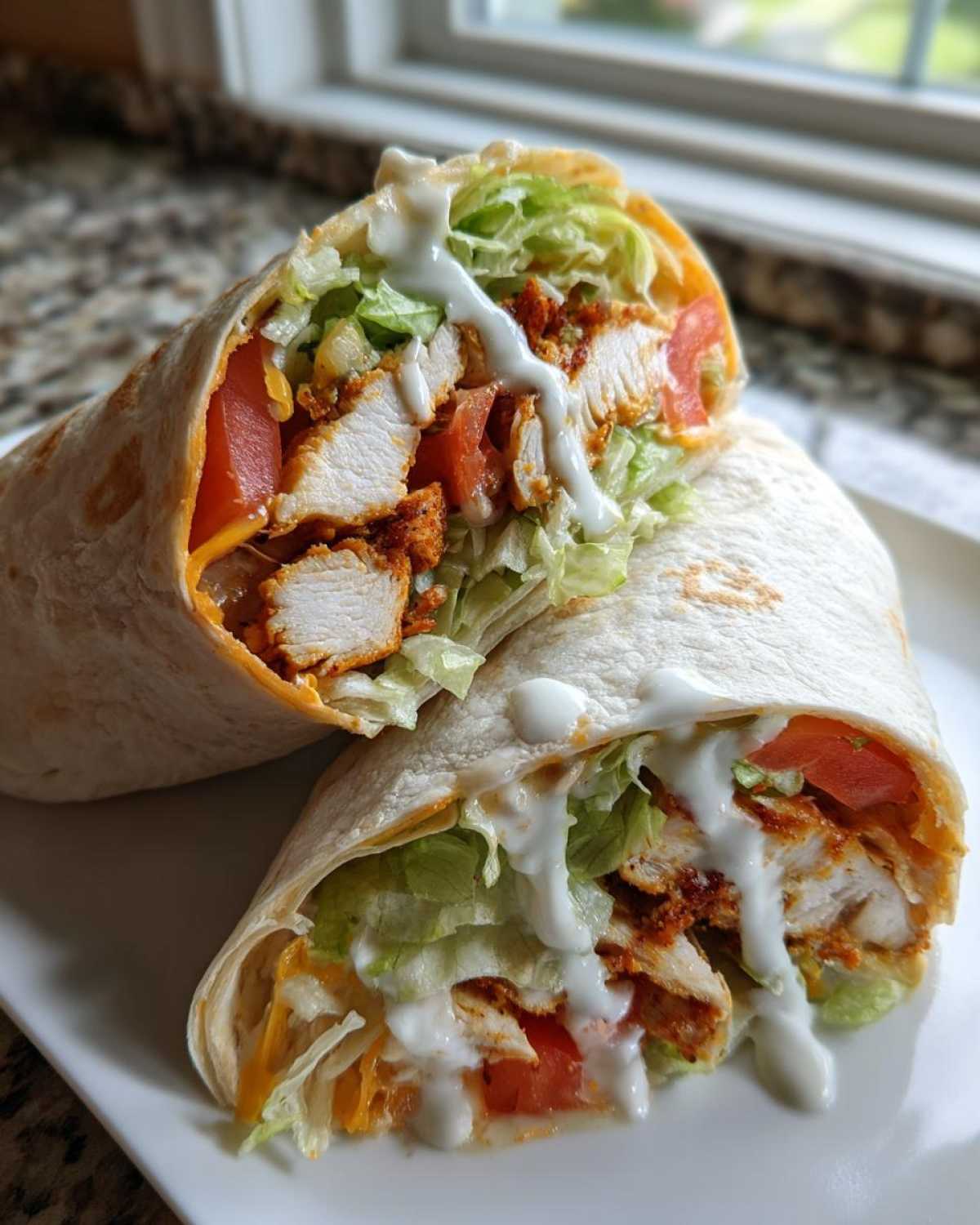 A halved Crispy Chicken Wrap with Spicy Ranch Sauce showing seasoned chicken, lettuce, tomato, and cheese.