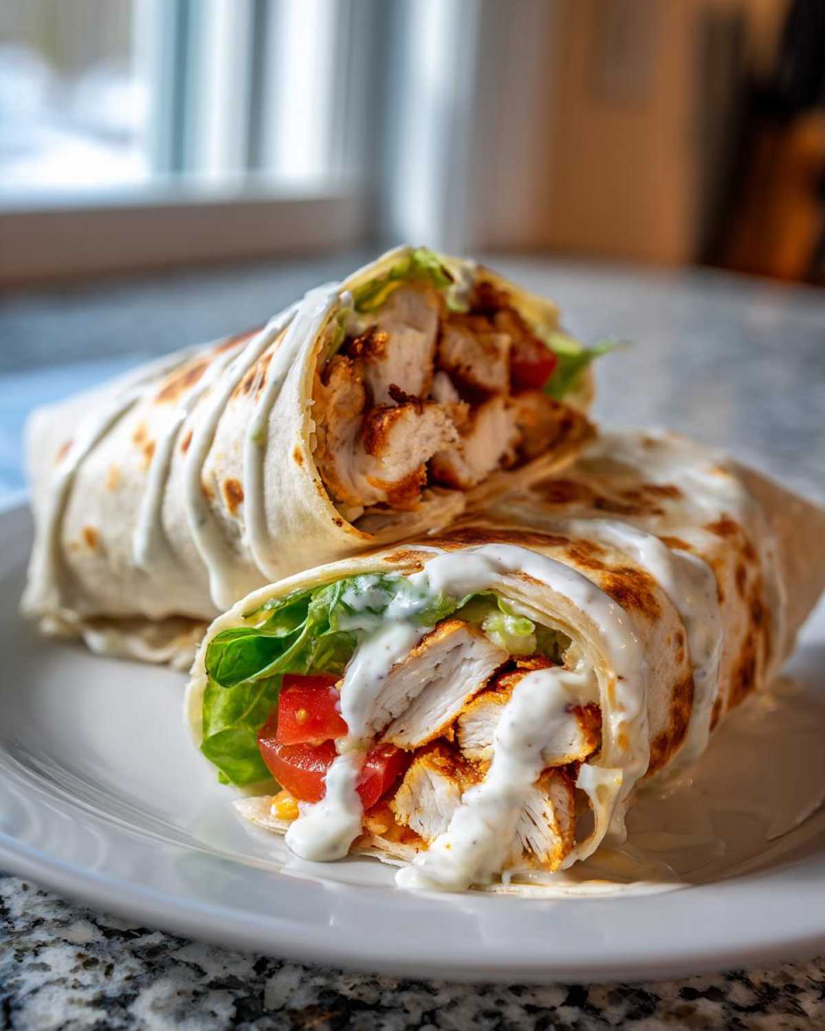 Two halves of a Crispy Chicken Wrap with Spicy Ranch Sauce, showing crispy chicken, lettuce, and tomatoes inside a tortilla.