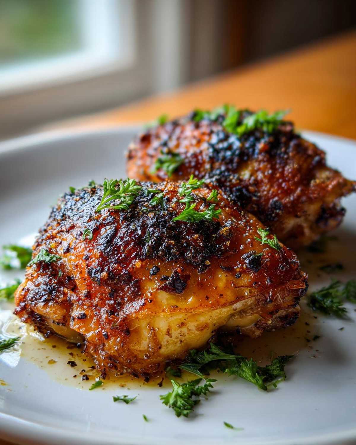 Two perfectly cooked Garlic Butter Chicken Thighs with crispy, dark skin resting in butter sauce and topped with fresh parsley.