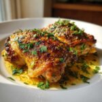 Two perfectly cooked Garlic Butter Chicken Thighs with crispy skin, resting in butter sauce and topped with fresh parsley.