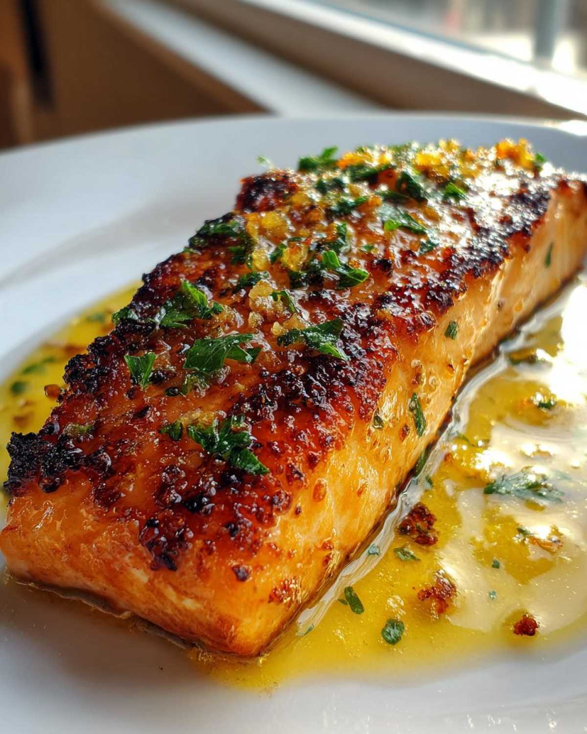 Close-up of a perfectly cooked Garlic Butter Salmon with crispy edges resting in melted butter sauce and topped with parsley.