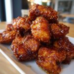 A close-up of a pile of Crispy Honey Butter Chicken Bites, glistening with a thick, golden-brown honey butter glaze and sesame seeds.