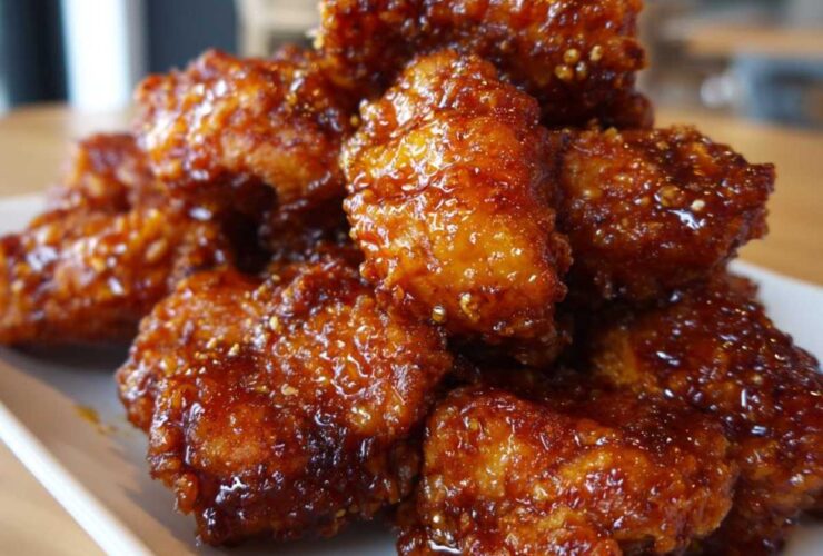 A close-up of a pile of Crispy Honey Butter Chicken Bites, glistening with a thick, golden-brown honey butter glaze and sesame seeds.