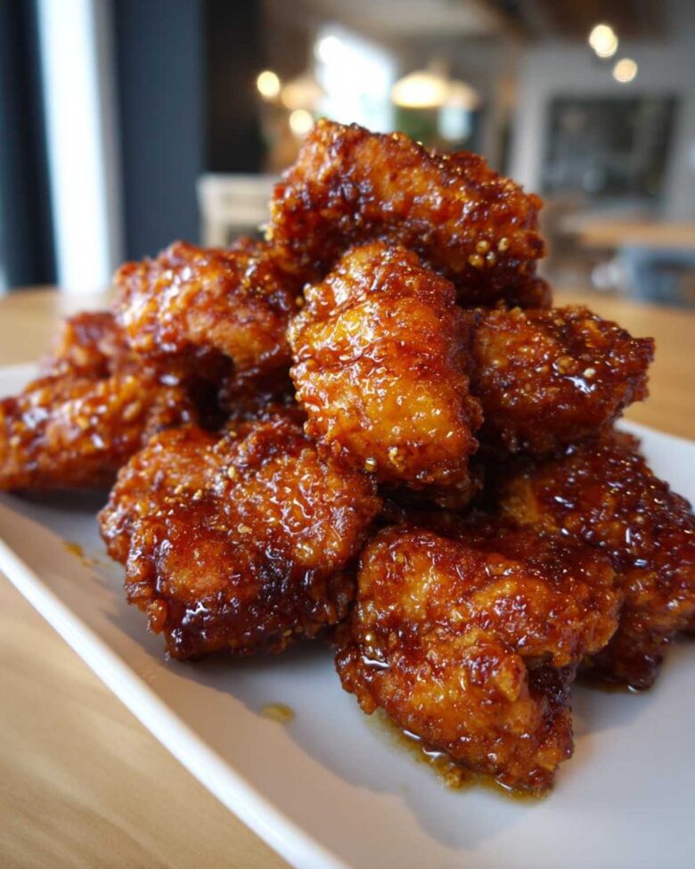 A close-up of a pile of Crispy Honey Butter Chicken Bites, glistening with a thick, golden-brown honey butter glaze and sesame seeds.